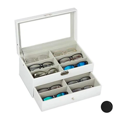Obrázek Relaxdays Box na brýle 12 brýlí, uložení slunečních V x Š H: 15,5 33,5 19,5 cm, koženkové pouzdro brýle, bílý