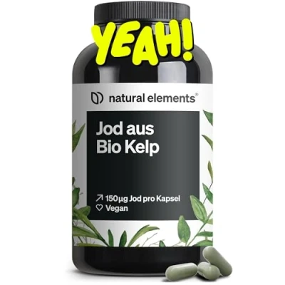 Obrázek Jód z bio kalpu 365 kapslí 150 µg jódu hnědých řas kvalita pro štítnou žlázu veganská, vysoká dávka, bez zbytečných přísad vyrobeno v Německu a laboratorně testováno