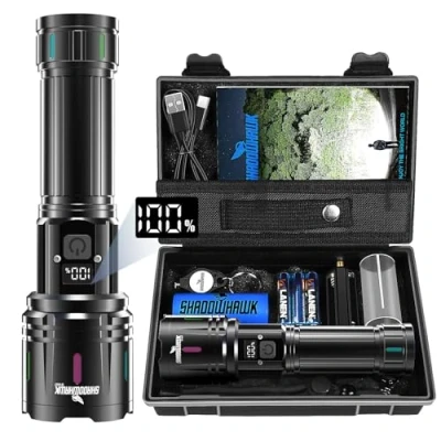 Obrázek Shadowhawk kapesní svítilna LED dobíjecí 500000 lumenů, extrémně jasná XHM90. 2 svítilny USB, silná taktická na baterie, vodotěsná Flashlight pro případy