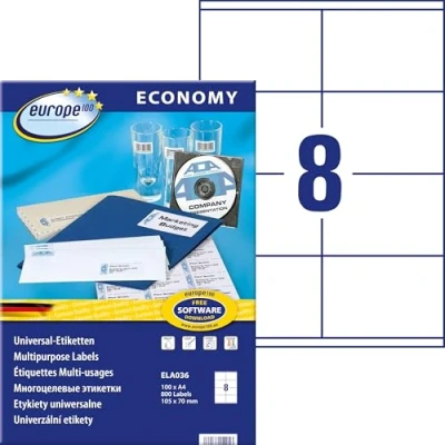 Obrázek Europe100 Art. ELA036 univerzální etikety (800 lepicích etiket, 105 x 70 mm na A4, papír matný, individuálně potisknutelné, samolepicí zásilkové samolepky, kompatibilní s AVERY 3426) 100 listů, bílé