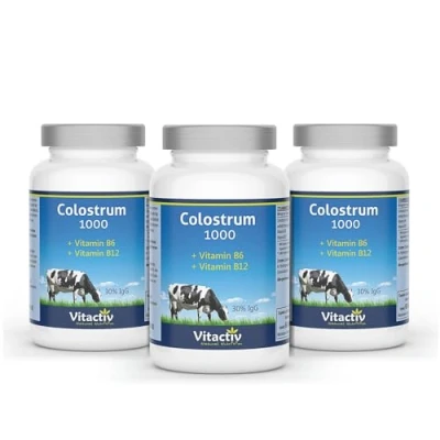 Obrázek VITACTIV Colostrum 1000 mg, kapsle ve vysokých dávkách plus vitamin B6 &amp; B12 na podporu imunitního systému, nervového systému a metabolismu energie, z kravského prvního mléka (180 kapslí,