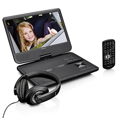 Obrázek Lenco DVP 1010BK přenosný 10palcový DVD přehrávač se sluchátky a upevněním na opěrku hlavy integrovaný akumulátor USB vstup čtečka SD karet černý