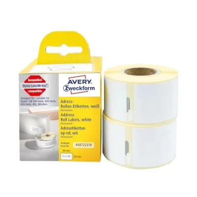 Obrázek AVERY Zweckform AS0722370 Dymo Labelwriter adresní štítky kompatibilní s S0722370 (28x89mm, 2 role260 nálepky, samolepicí, pro tiskárnu štítků LW / popisovací zařízení páska na