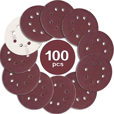 Obrázek STEBRUAM 100 kusů brusného papíru 125 mm suchý zip zrnitost 150, profesionální brusné kotouče kulaté 8 otvorů pro excentrickou brusku