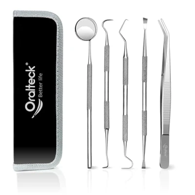 Obrázek Zahnpflege Instrumenten Set, Plaque Reiniger, Zahnstein Entferner, 6 Edelstahl Mundpflege Instrumente, mit Etui, Premium Zahnreinigung für Erwachsene, Kinder und Haustiere Schwarz
