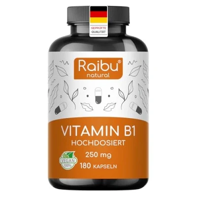 Obrázek Vitamín B1 (thiamin), 250 mg v jedné kapsli 180 veganských kapslí, zásoba 6 měsíců vysoká dávka vitaminu B1, biologická dostupnost esenciální pro nervový systém a energii bez