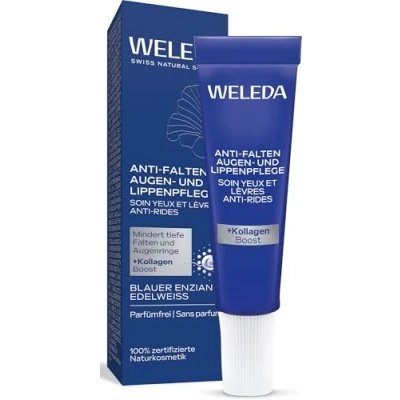 Obrázek WELEDA Bio Anti Falten Augenpflege &amp; Lippenpflege Blauer Enzian Edelweiß Naturkosmetik Augencreme/Lippencreme mindert tiefe Falten, Augenringe, Tränensäcke Schwellungen (vegan, 10ml)