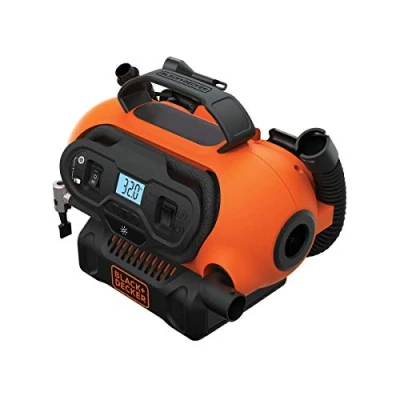 Obrázek Kompresor/vzduchová pumpa Black &amp; Decker BDCINF18N QS, 11,0 bar (možný napájecí zdroj: přípojka 12 V/230 V nebo akumulátor 18 V, 160 PSI, na pneumatiky, míče, invalidní vozíky, se 2 provozními režimy a odsávacím režimem)