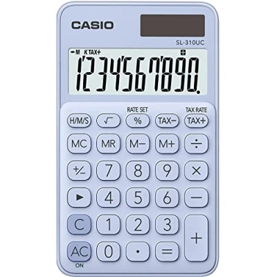 Obrázek CASIO Kapesní kalkulačka SL 310UC, 10místná, trendové barvy, výpočet daně, rozdělení tisíců, provoz na solární / baterie, světle modrá