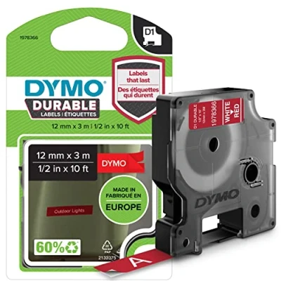 Obrázek DYMO Originální vysoce výkonná páska na etikety D1 bílá červené 12 mm x 3 m permanentní vinylová pro popisovací přístroj LabelManager