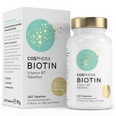 Obrázek Biotin tablety vysoké dávky s 10 000 mcg D biotinu v tabletě 365 veganských tablet zásobě na 1 rok pro krásné vlasy a pokožku vitamin B7 přispívá k zachování zdravé pokožky vlasů