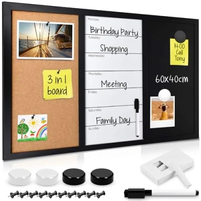 Obrázek Navaris 3v1 Kombitová tabule 60 x 40 cm Tabulka s křídou Whiteboard Korková nástěnka Memoboard magnetické strany týdenní plán vč. křídy kolíků magnety