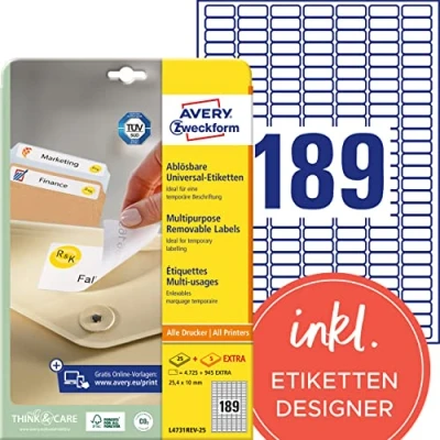 Obrázek AVERY Zweckform L4731REV 25 univerzální etikety (4. 725 plus 945 samolepicí extra, 25,4 x 10 mm na A4, lze opět beze zbytku odstranit/odstranit, potisknutelné, nálepky) 30 listů,