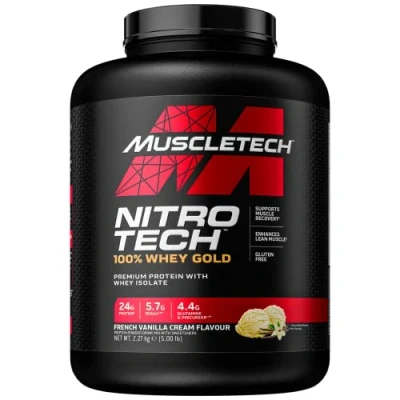 Obrázek MuscleTech NitroTech 100% Whey Gold Protein prášek, Isolate proteinový prášek a peptidy, pro muže ženy, 5,5 g BCAA, 71 servings, 2,27 kg, vanilka