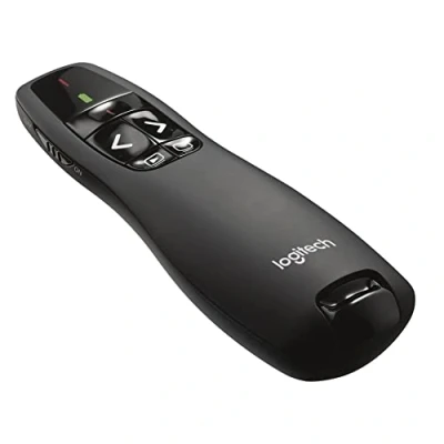 Obrázek Logitech R400 Presenter, bezdrátové spojení 2,4 GHz přes USB přijímač, dosah 15 m, červené laserové ukazovátko, intuitivní ovládací prvky, 6 tlačítek, ukazatel baterie, PC černý