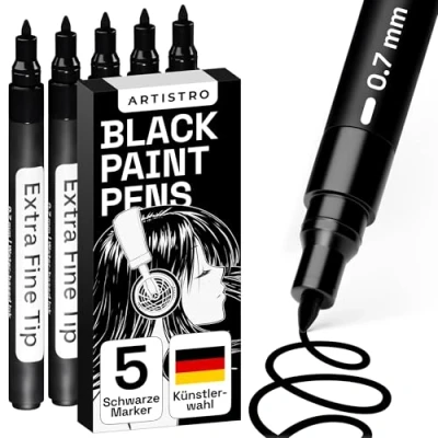 Obrázek Artistro 5 Acrylstifte Schwarz, Zeichenstifte, Stifte für Steine, Felsmalerei, Keramik, Glas, Holz, Metall, Leinwand, DIY, er Set Acrylfarbe Permanent Marker auf Wasserbasis mit Extra Feiner Spitze