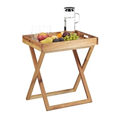 Obrázek Relaxdays Podnos sklopný, servírovací stolek z ořechového dřeva, skládací stůl malý, podnos, V x Š H: cca 54 52 36 cm, přírodní