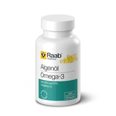 Obrázek Raab Vitalfood Olej z řas Omega 3 kapsle, 30 kusů, rostlinný, s DHA a EPA (2:1), mikrořas, udržitelná alternativa k rybímu oleji