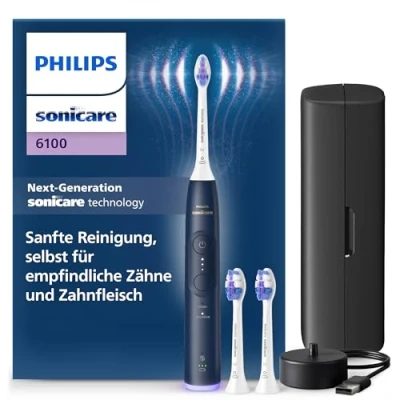 Obrázek Philips Elektrický zubní kartáček Sonicare 6100, sonický se 2 režimy čištění a 3 stupni intenzity, kontrola přítlaku, EasyStart, SmarTimer BrushPacer, cestovní pouzdro, námořnická