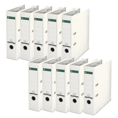 Obrázek Leitz Qualitäts Ordner 180 Plastik, 10er Pack, das Original, DIN A4 Aktenordner 8 cm breit, 90% Recycling Karton, 30% Pre Consumer Kunststoff, Mit Mechanik, 600 Blatt, Weiß, 10101001