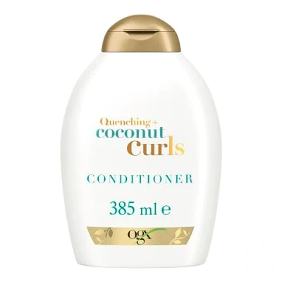 Obrázek OGX Quenching + Coconut Curls Conditioner (385 ml), hydratační kondicionér na vlasy s kokosovým olejem, citronovým olejem a medem pro kudrnaté vlasy, bez sulfátů