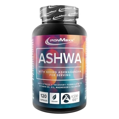Obrázek IronMaxx Ashwagandha 120 kapslí 600 mg KSM 66® v denní dávce proti stresu a regeneraci s vitamínem B6 &amp; B12 hořčíkem seleniem Vegan