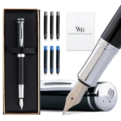 Obrázek Wordsworth and Black Fountain Pen Mini EDC černá kapesní tužka, chrom, střední pero, 6 inkoustových kazet, inkoustový konvertor, doplňovací dárková sada tužek, pro muže a ženy