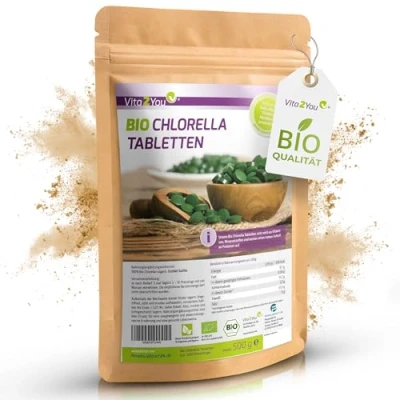Obrázek Vita2You Bio Chlorella tablety 400 mg na tabletu 1250 lisovaných bříšků 500 g řas z ekologického zemědělství surové potraviny v sáčku se zipem
