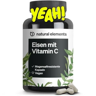 Obrázek Železo 20 mg (z bisglycinátu železa) v jedné kapsli s 42 přírodního vitamínu C veganské, chuťově neutrální 180 kapslí odolných proti žaludečním šťávám prémiová surovina: ferochelTM (železný