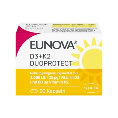 Obrázek EUNOVA D3 + K2 DuoProtect 1000 I.U vysoce koncentrovaný vitamin pro silné kosti a imunitní systém bez lepku, laktózy konzervačních látek, vegetariánské, 30 kapslí