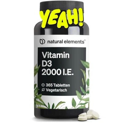 Obrázek natural elements Vitamín D3 2000 I.E 365 tablet pro kosti a imunitní systém vysoce dávkovaný, bez zbytečných přísad vyrobeno v Německu laboratorně testováno