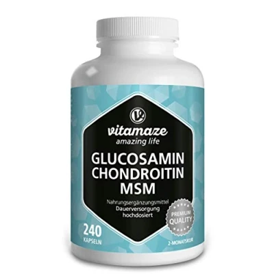 Obrázek Vital komplex s glukosaminem, chondroitinem, MSM, ve vysokých dávkách, 240 kapslí po dobu 2 měsíců vitaminem C, přírodní doplněk stravy bez přísad, vyrobeno v Německu
