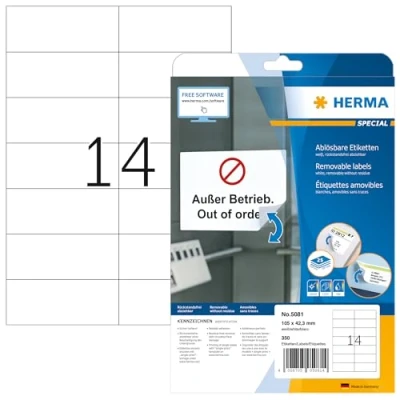 Obrázek HERMA 5081 univerzální etikety odstranitelné, 25 listů, 105 x 42,3 mm, 14 na arch A4, 350 kusů, samolepicí, potisknutelné, matné, prázdné papírové lepicí samolepky, bílé