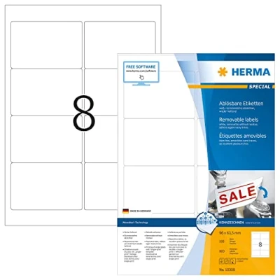 Obrázek HERMA 10308 univerzální etikety odstranitelné, 100 listů, 96 x 63,5 mm, 8 na arch A4, 800 kusů, samolepicí, potisknutelné, matné, prázdné papírové lepicí samolepky, bílé