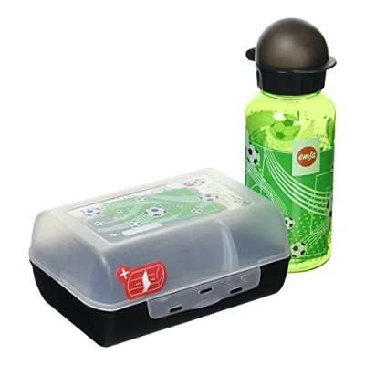 Obrázek Emsa Kids sada s fotbalovým motivem, láhev na pití + krabička chléb, 400 ml nepropustná láhev, dóza posuvnou přepážkou, černá/zelená, 518140, fotbal