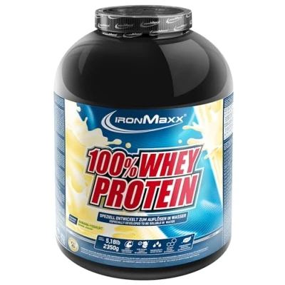 Obrázek IronMaxx 100% Whey Protein prášek 2350 g banán chutný High Shake, 37 bílkovin v jedné porci, Power Drink pro sportovce, s BCAA a EAA