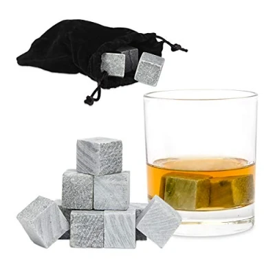 Obrázek Relaxdays Whisky kameny šedé, sada 9 ks, ledové kostky, opakovaně použitelné, chladicí na nápoje, mastek, šedá