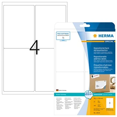 Obrázek HERMA 10019 univerzální etikety, neprůhledné, 25 listů, 99,1 x 139 mm, 4 pro arch A4, 100 kusů, samolepicí, potiskovatelné, matné, prázdné papírové lepicí bílé