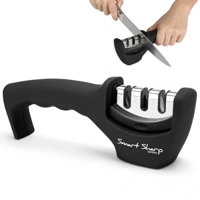 Obrázek Lantana Smart Sharp ostřič nožů profesionální, manuální, se 3 stupni keramický kámen, karbid wolframu, diamantové brusné kameny ergonomický design černá/chrom
