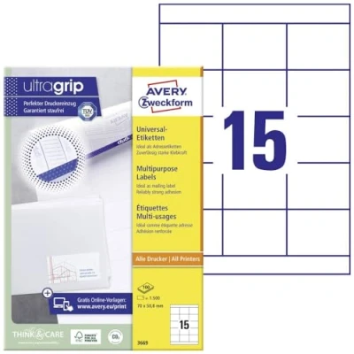 Obrázek Avery Zweckform 3669 Univerzální etikety (A4, papír matný, 1,500 etikety, 70 x 50,8 mm) 100 Folio Bílá