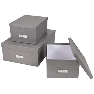Obrázek Bigso Box of Sweden Inge 3dílná sada úložných boxů pro spaní, děti, do práce nebo koupelny stohovatelný organizér s víkem úložné boxy z dřevovláknité desky a papíru šedá
