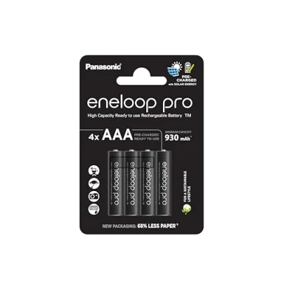 Obrázek eneloop pro, AAA/Micro NI MH baterie, balení po 4 kusech, kapacita s min. 930 mAh, Ready to Use akumulátory, dobíjení až 500krát, bez plastů, černé