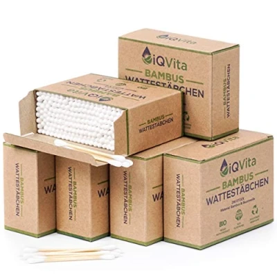Obrázek 1200 bambusových vatových tamponů (6 x 200 kusů) 100% bez plastů, biologicky rozložitelné, veganské a udržitelné čistý přírodní produkt