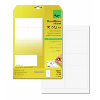 Obrázek SIGEL LA216 etikety samolepicí, potiskovatelné, lze opět beze zbytku odstranit, bílé, 96 x 50,8 mm, 250 etiket = 25 listů, zaoblené