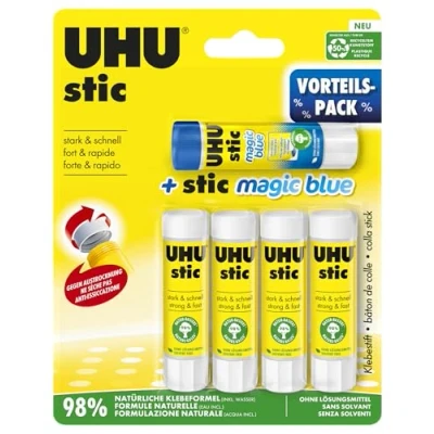 Obrázek UHU Stic, osvědčená lepicí tyčinka lepí silně, rychle a trvale, 4 x 8,2 g + MAGIC modrá