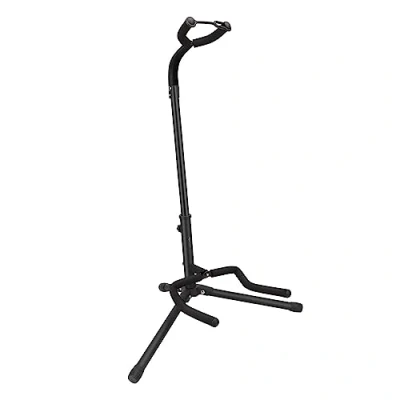 Obrázek Amazon Basics Nastavitelný skládací stojan na kytaru s držákem krk pro akustiku, elektrické, basové kytary, banjo a 26palcové ukulele, železný rám měkkým gumovým polstrováním, černý