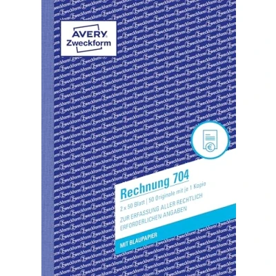 Obrázek AVERY Zweckform 704 faktura (A5, 2 x 50 listů, s 1 listem modrého papíru a průrazkou, čistou hrubou částkou, DPH atd., pro zaznamenání všech právně potřebných údajů) bílá/bílá