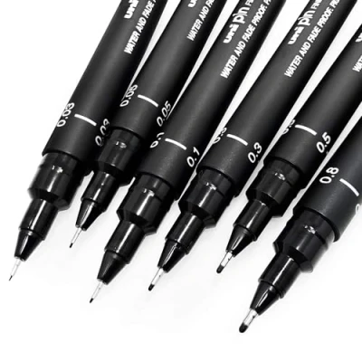 Obrázek Uni Pin Fineliner kreslicí pero sada na skicování černý inkoust 0,03 až 0,8 mm 6 kusů