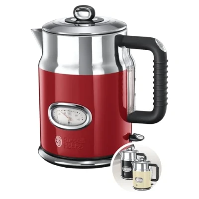 Obrázek Russell Hobbs Rychlovarná konvice [1,7 l, 2400 W] retro červená &amp; leštěná ušlechtilá ocel (funkce rychlého vaření, ukazatel teploty vody v designu, venkovní hladiny vody) Vintage vařič