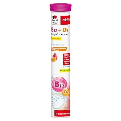 Obrázek Doppelherz Vitamín B12 + D3 vysoká dávka s 300 μg vitamínu a 800 IE. Vitamin pro normální fungování imunitního systému 15 šumivých tablet